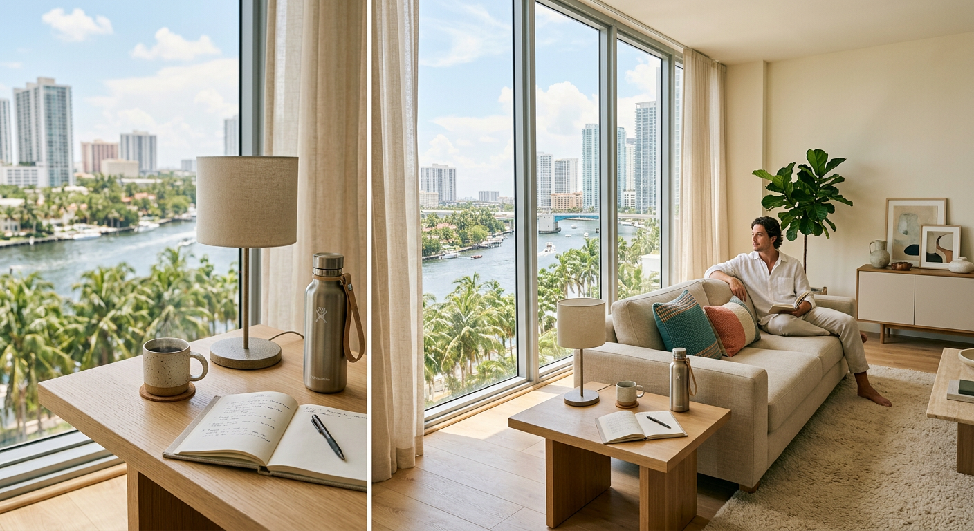 Bright Miami apartment with a mug, lamp, notebook, and water bottle on a side table by the window